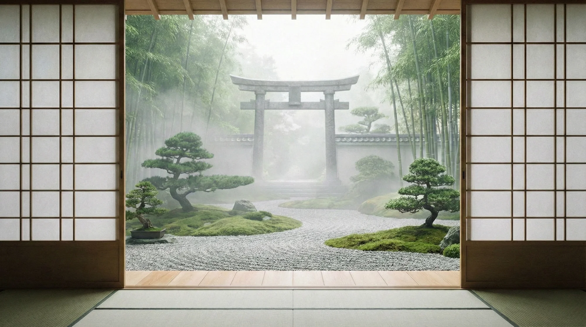 Zen garden with torii gate
